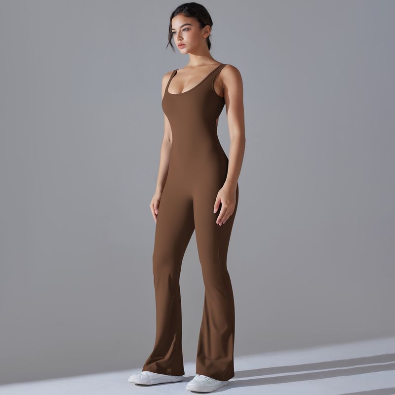 Neuer, einfarbiger, hüfthebender, langer, schmal geschnittener Jumpsuit mit weitem Bein für Sport, Laufen, Fitness und Yoga_voghion.com