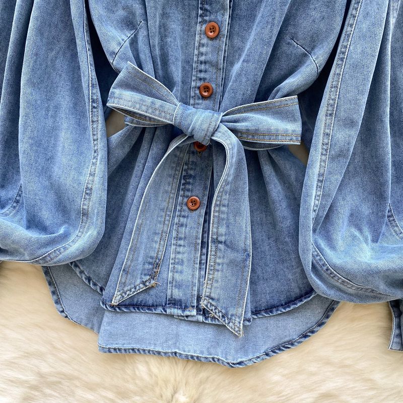 Dameskleding Retro Taille Stand Kraag Lantaarn Mouw Lange Mouw High End Sense All Match Slim Denim Shirt_voghion.com