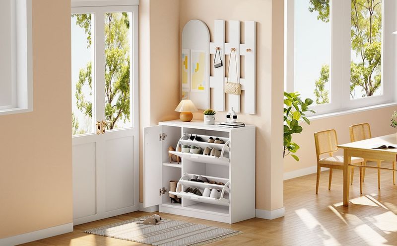 Meuble à chaussures avec portes battantes et coulissantes, rangement d'entrée avec miroir et crochets, étagère à chaussures blanche pour petits couloirs, rangement de salon_voghion.com