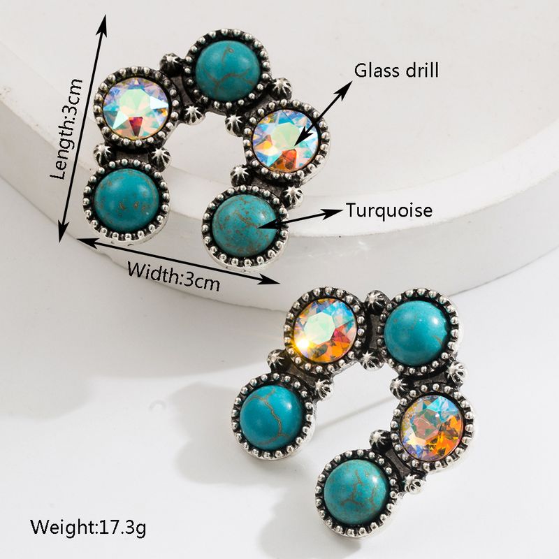 Creative New Ethnic Style Alloy Antique Silver Plated With Diamond Inlaid Turquoise Geometric Pendant Earrings For Women_voghion.com