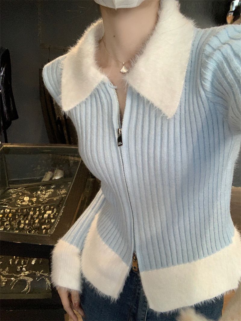Damenbekleidung Nischendesign Kurzer eleganter kurzer Strickcardigan für Damen – Zartrosa Pullover mit Reißverschluss und Wellendetail, Slim Fit Winterpullover_voghion.com