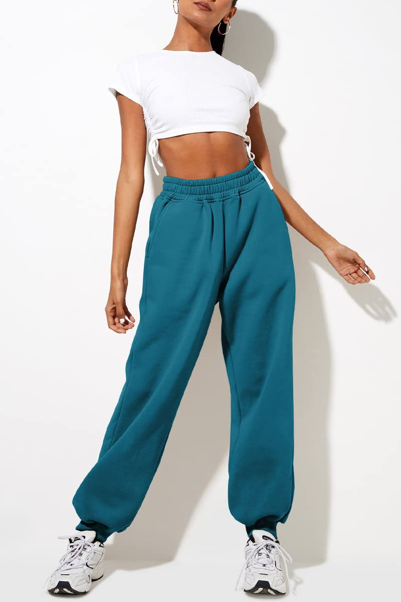 Pantaloni casual sportivi in tinta unita da donna con gambe larghe_voghion.com