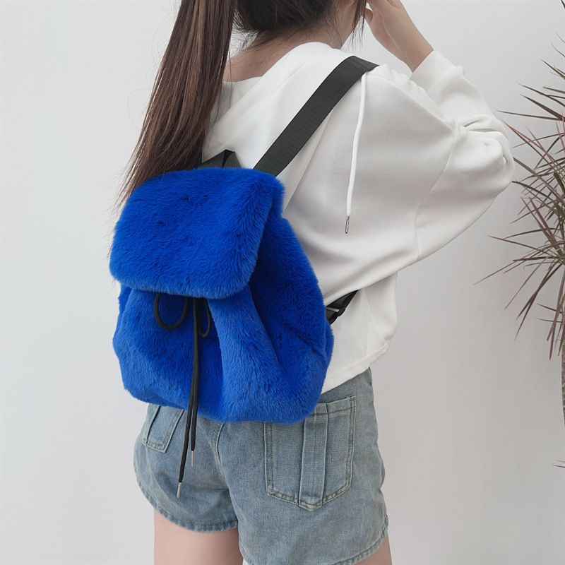 New Plush Backpack Rabbit Fur Fur Backpack Student Girl Large Capacity Drawstring Leopard Pattern Solid Color Versatile Bag_voghion.com