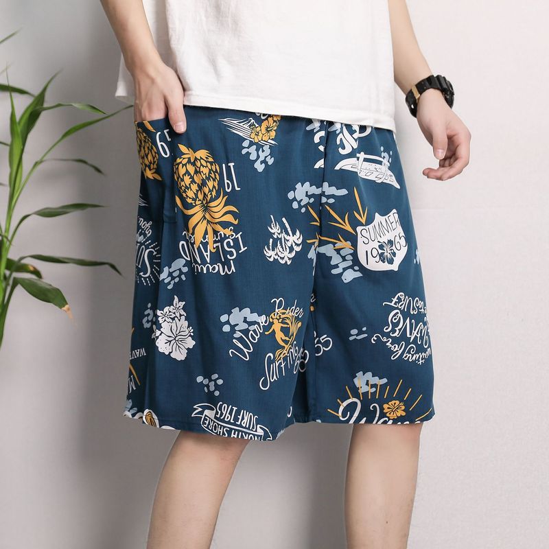 Men's Sleep Cotton silk pajama pants men's thin plus-size casual breathable flower pants five quarter pants_voghion.com