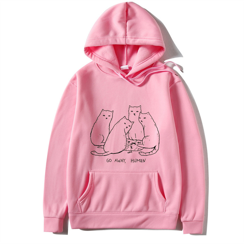 Women's plush sweater plain private cat maid printed kangaroo pocket drawstring printed hoodie_voghion.com