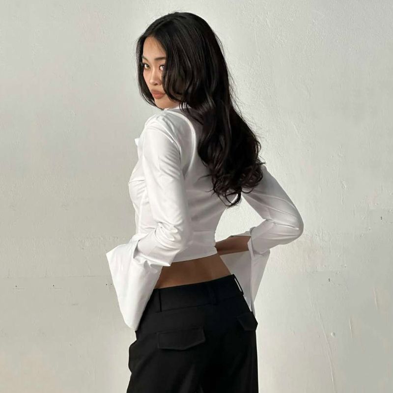 Slim Fit Long Sleeve Button-Down Shirt For Women – Minimalist Office Wear, Solid Color, Breathable Polyester, Classic Collar & Tailored Design_voghion.com