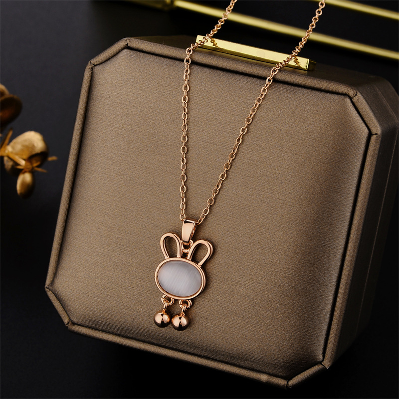 Cat's Eye Stone Internet Red White Fritillaria Cute Rabbit Ear Bell Pendant With Collar Chain, Titanium Steel Plated_voghion.com