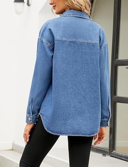 Vintage Wash Denim Shirt For Women – Relaxed Fit Long Sleeve Button-Up With Distressed Details (Dark Blue/Light Blue, S/M/L/XL)_voghion.com