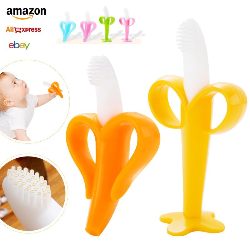 Cepillo de dientes con ventosa adhesiva antimordeduras para el período de deseo oral del bebé con varilla de molienda de silicona de goma de plátano para bebés_voghion.com