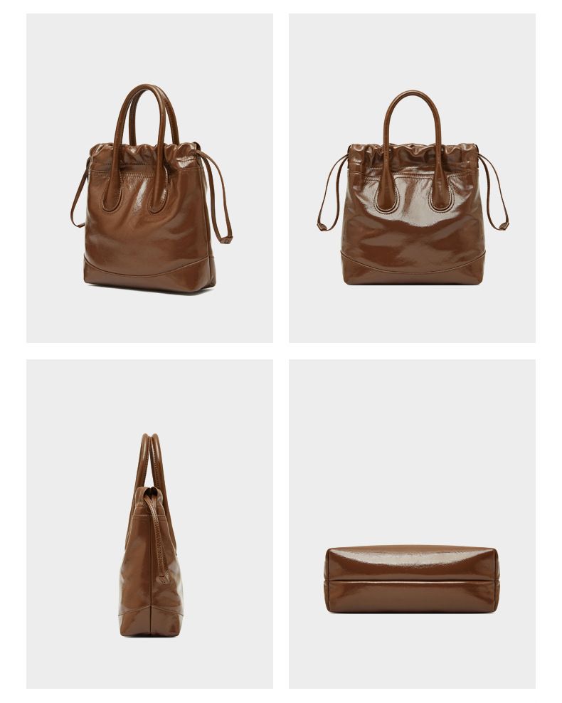Borsa a secchiello vintage in vera pelle con coulisse - Borsa a tracolla morbida e stropicciata per donna, taglia media, nero/marrone/crema_voghion.com