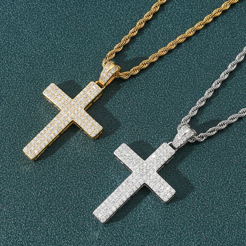 Collar con colgante de cruz de circonita de tres filas para hombre, estilo hip hop, accesorios populares de hip hop de moda para hombre._voghion.com
