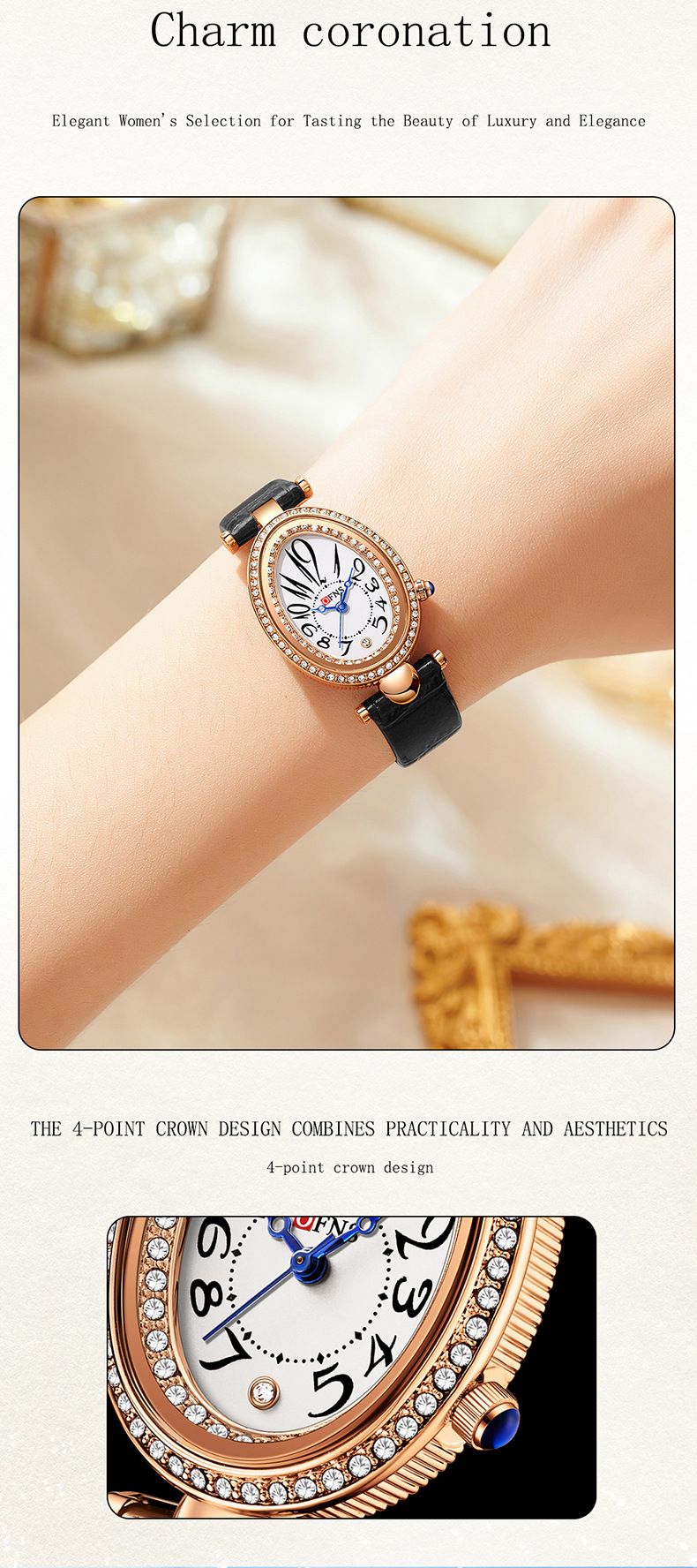 Orologio da donna con cristalli di ispirazione vintage: elegante design a goccia, cinturino in pelle, orologio al quarzo in stile antico resistente all'acqua_voghion.com