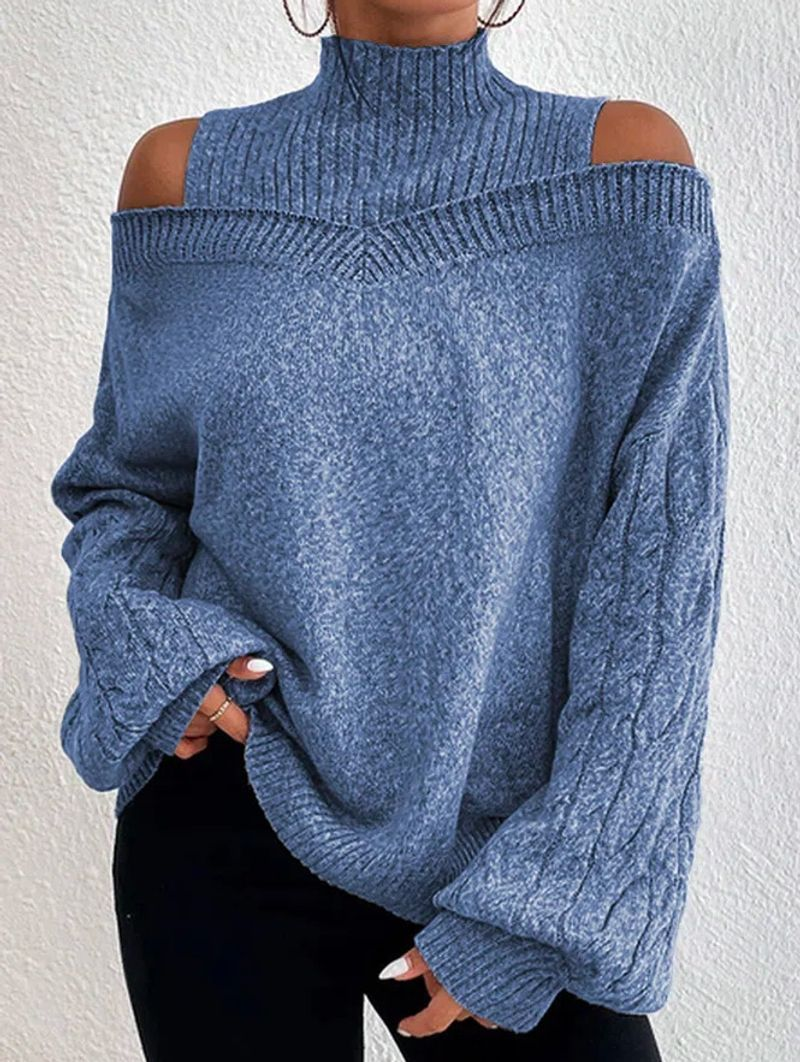 Damenmode, schulterfreier, halber Rollkragenpullover, locker gestrickt_voghion.com