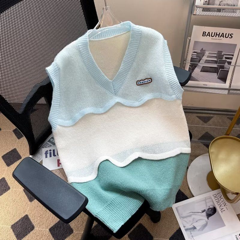 Herrenbekleidung Retro Kontrastfarbe Spleißen V-Ausschnitt Vielseitige Weste Paar Stil Frühling und Herbst Lose BF College Stil Pullover Weste_voghion.com