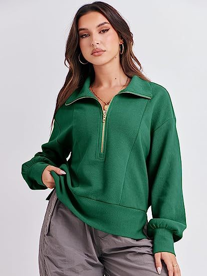 2024 Autumn New Women's Loose Zipper Collar Long Sleeve Hoodie Top_voghion.com