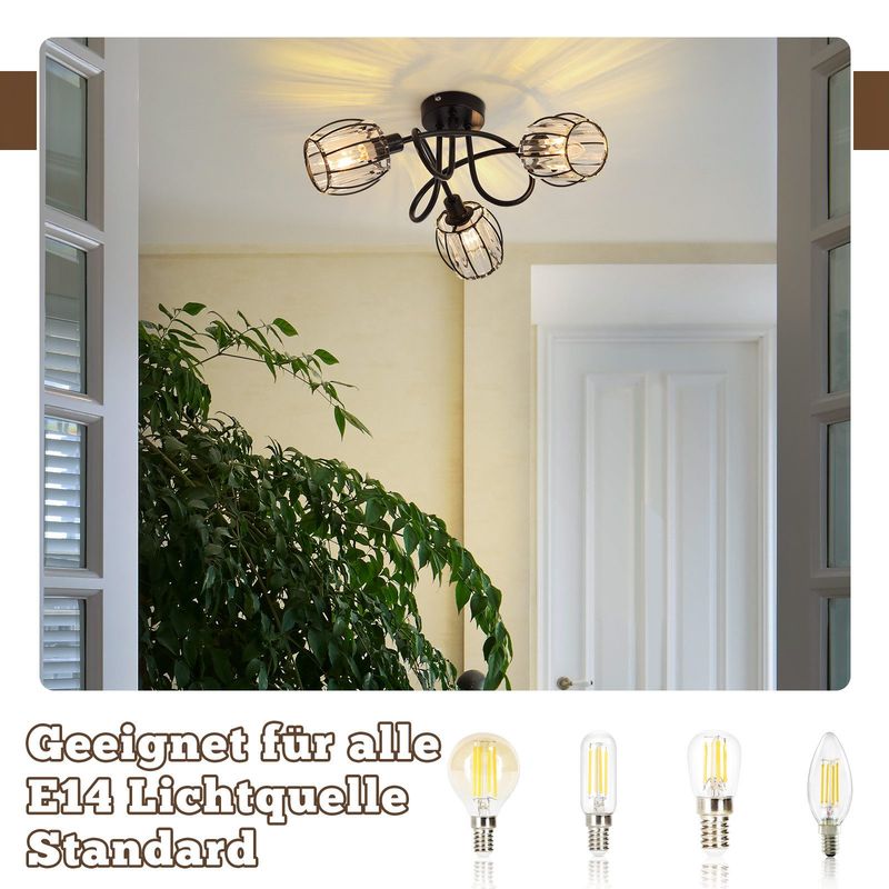 Glitzerlife Deckenstrahler 3 Flammig Deckenlampe Vintage - Deckenspot Retro Kristall Lampenschirm Schwarz Deckenleuchte Umgeben Design 350° Schwenkbar Strahler_voghion.com
