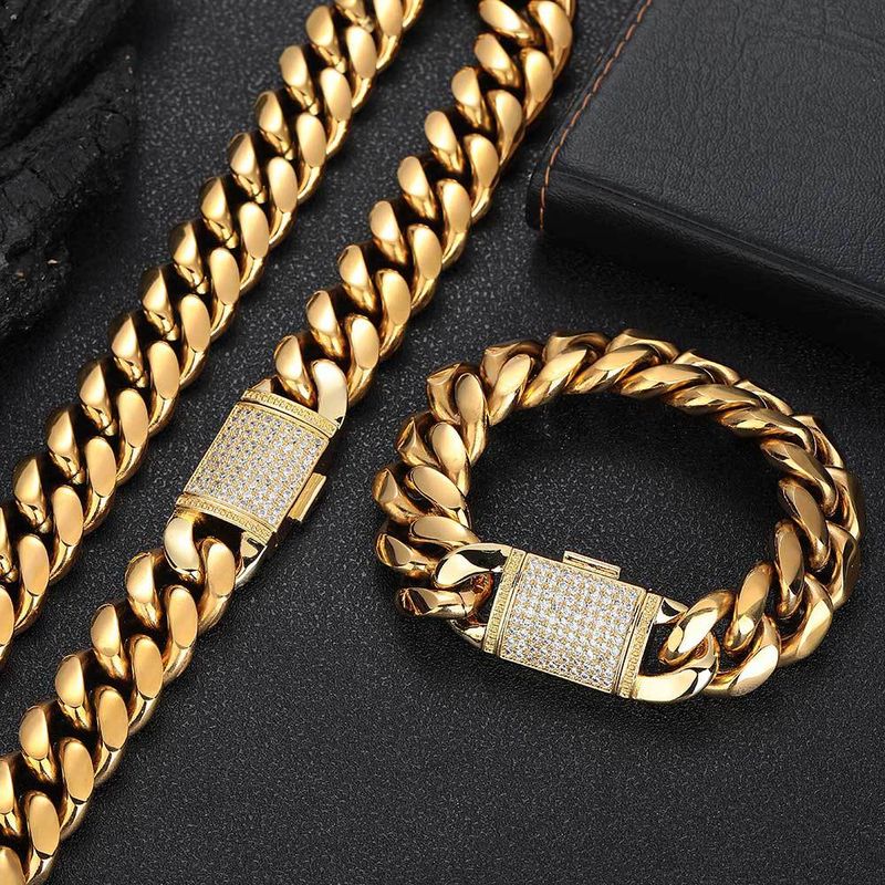 Set di collana e bracciale con catena a maglie cubane in acciaio inossidabile, stile Hip Hop Miami, con zirconi, regalo unisex di lusso e leggero._voghion.com