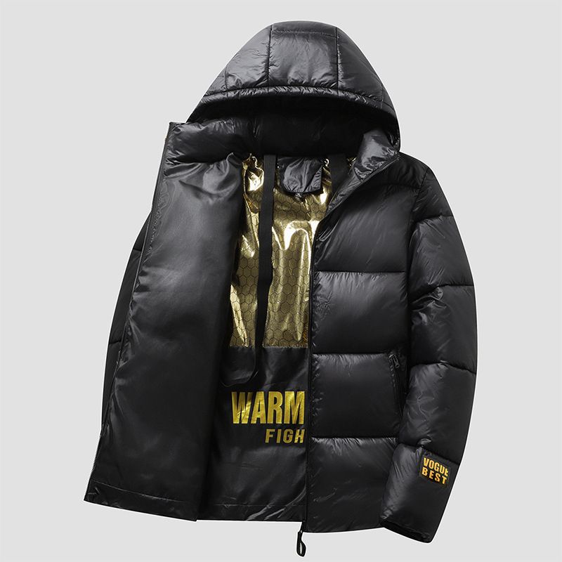 Schwarzgoldener kurzer Mantel im Paarstil mit Kapuze, glänzend, verdickt, warme Baumwollkleidung, Outdoor-Pufferjacke_voghion.com
