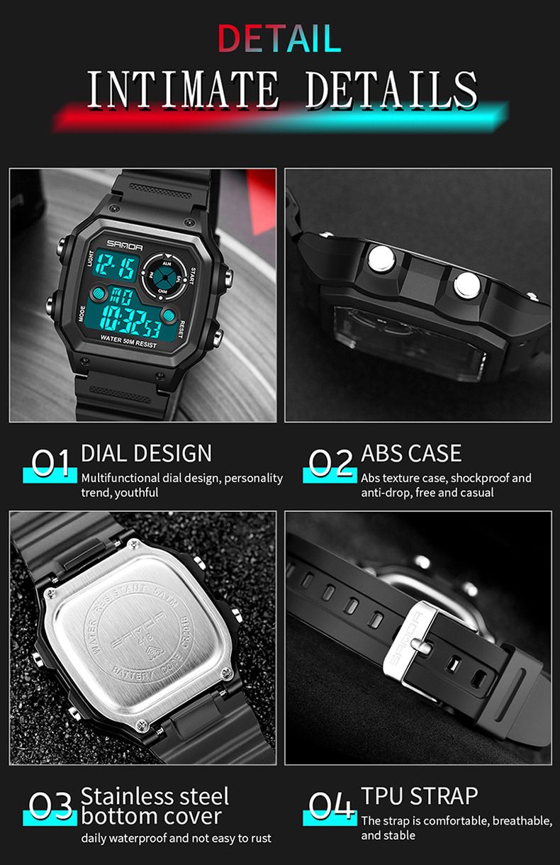 Digital Sports Watch With LED Backlight, Waterproof, Alarm, And Military-Grade Durability - Lightweight Resin Strap, Square Dial, 50M Water Resistance_voghion.com