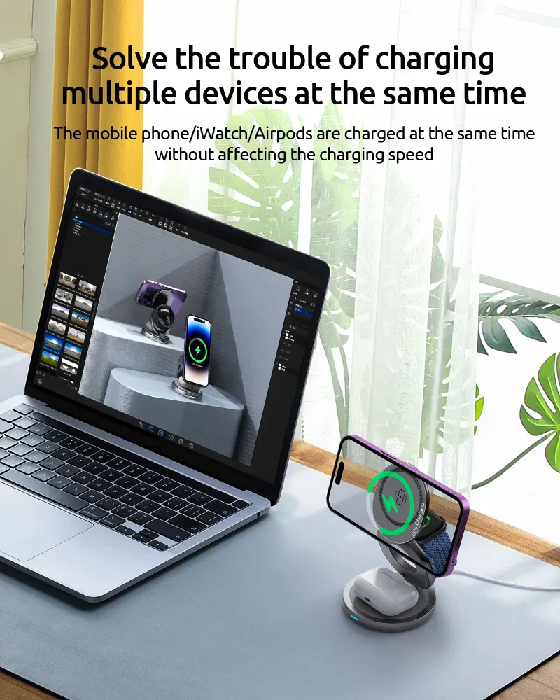 Stazione di ricarica wireless magnetica 3 in 1 con rotazione a 360° per iPhone 15, 14, 13, 12 Pro Max e iPhone Watch_voghion.com