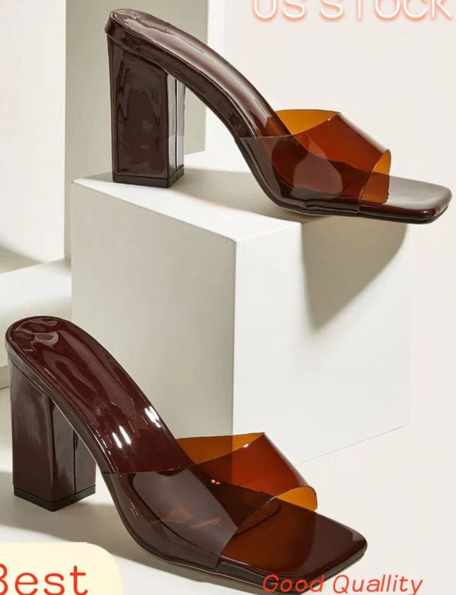 Square Head One Line High Heels Slipper Woman_voghion.com