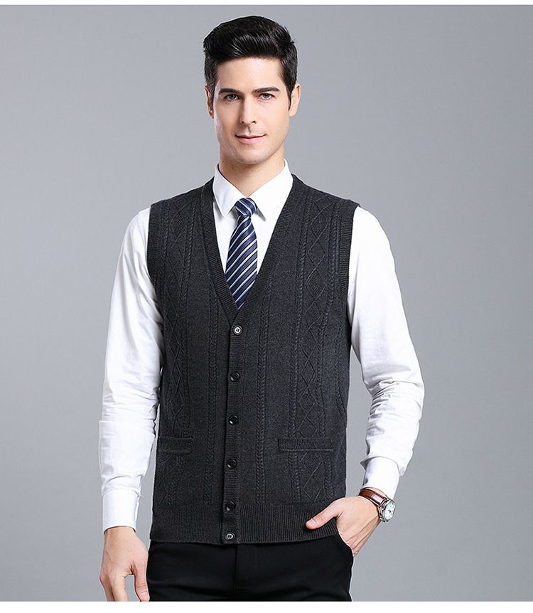 Herren-Strickjacke aus Wollmischung mit V-Ausschnitt, Cardigan-Pullover, Colorblock, lässig, ärmellos, für alle Matches_voghion.com
