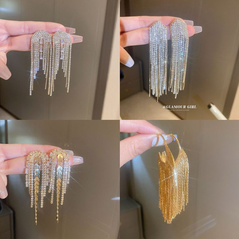 Orecchini ad ago in argento, stile metallo, orecchini lunghi con frange a foglia di zircone, orecchini alla moda squisiti, orecchini di lusso con temperamento leggero e vento freddo_voghion.com