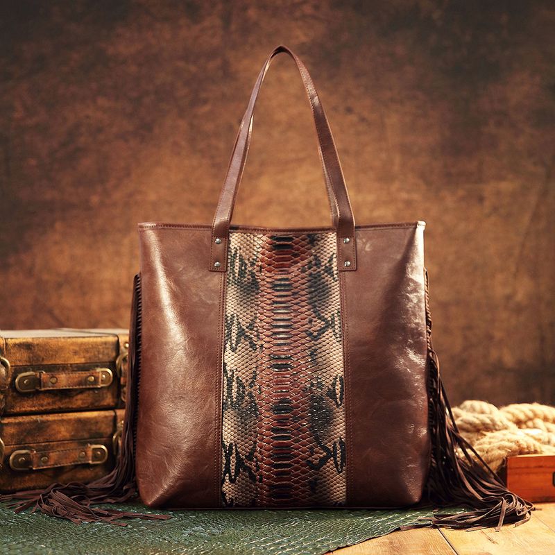 Women's Bag Retro Style Tote Snake Pattern Shoulder Handbag_voghion.com