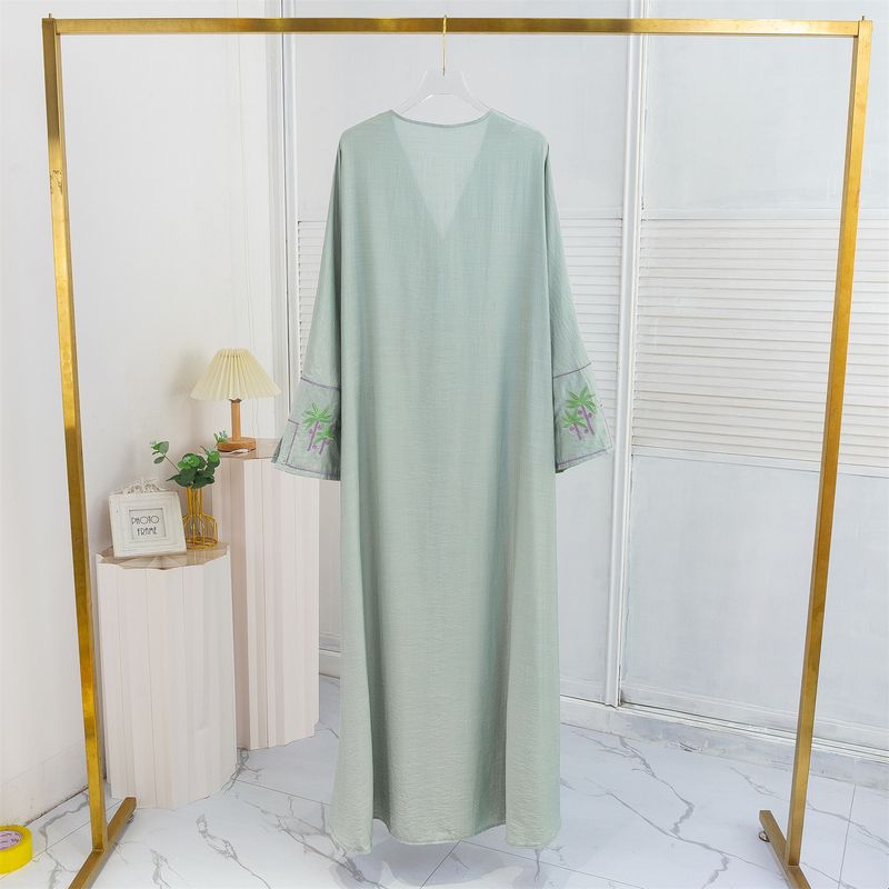 Elegant Embroidered Dress - Flowy Muslim Long Sleeve Open Front Robe For Women, Comfortable Chiffon Fabric, Plus Size Friendly_voghion.com