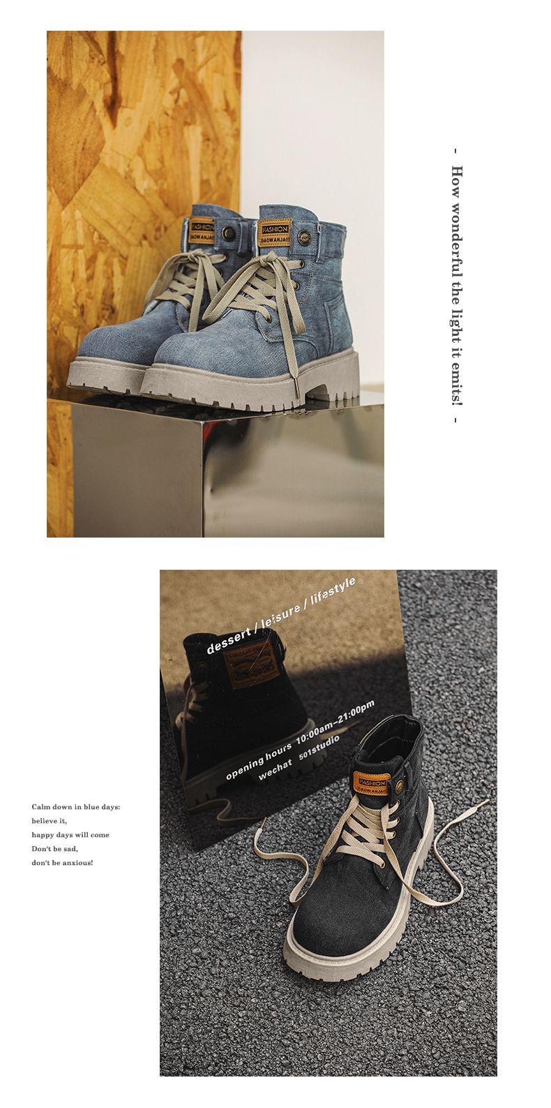 Men's Chunky Sole Cowboy Denim Ankle Boots - Retro Work Boots With Mid-Calf Height & Lace-Up Design For Casual & Streetwear_voghion.com