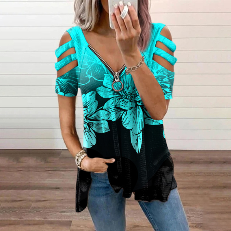 Nuova camicetta estiva da donna con spalle scoperte, stampa leopardata, cerniera, scollo a V, casual, ampia, primaverile, sexy, nuova camicetta da donna_voghion.com