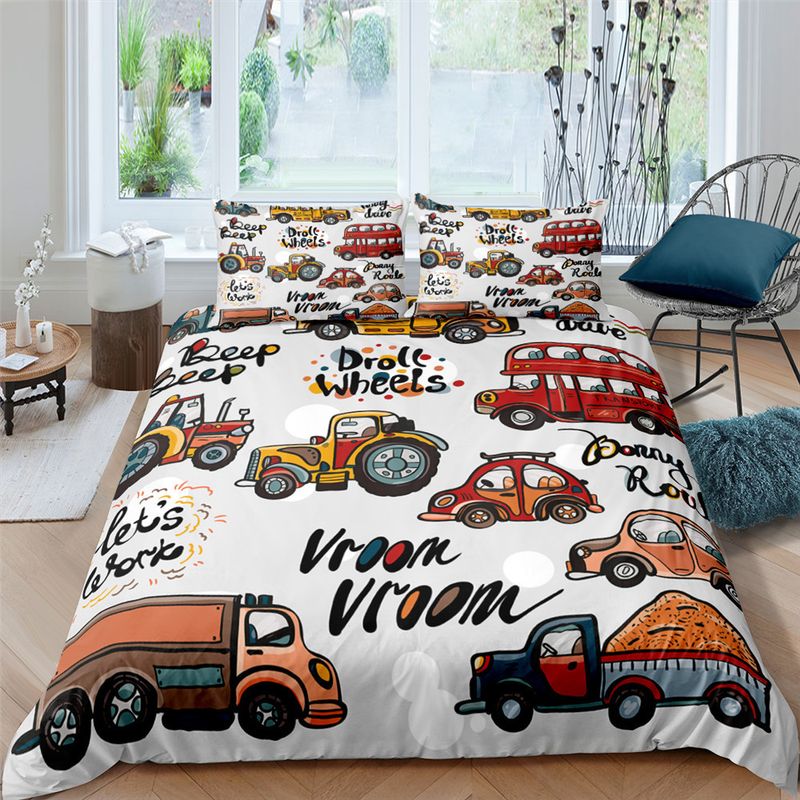 3D excavator tractor bed three piece set cartoon mechanical bulldozer children's bedding pillowcase_voghion.com