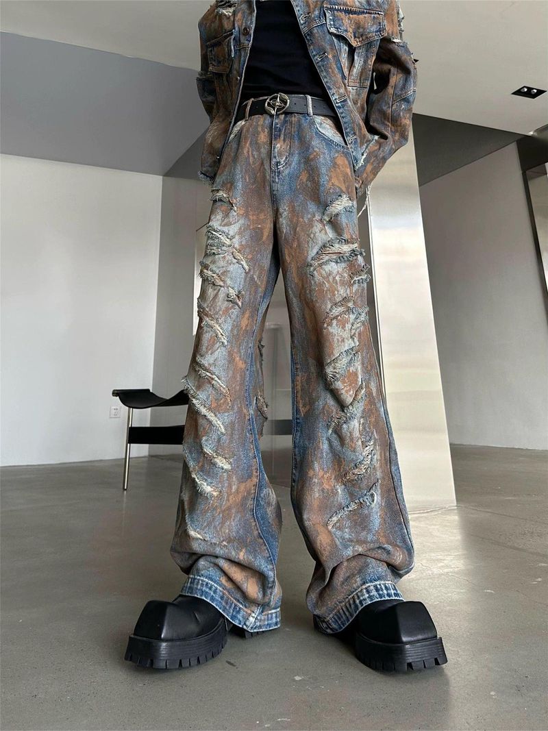 Vêtements pour hommes, style Wasteland rétro, costume en jean déchiré, veste lourde et usée, jean évasé, tendance automne-hiver_voghion.com