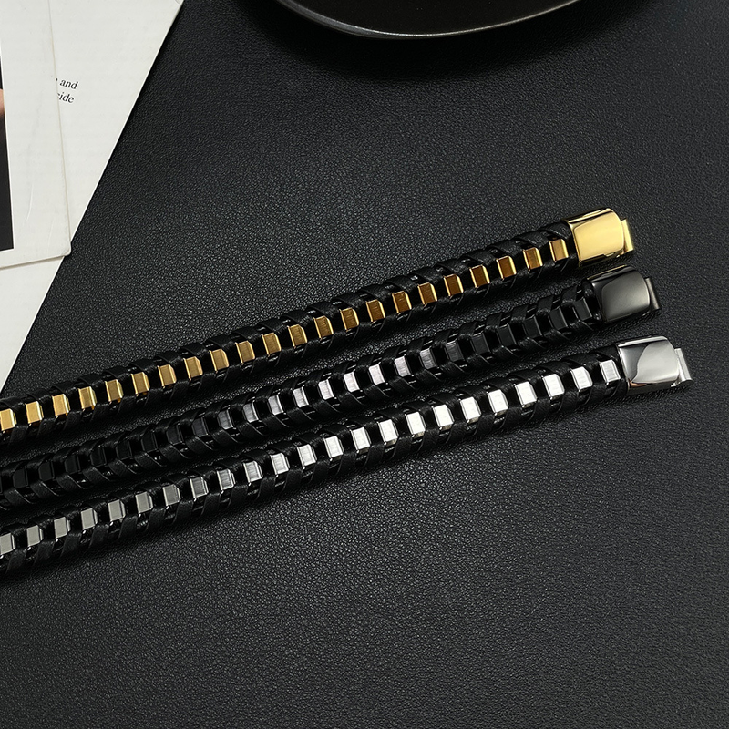 Handmade Woven Leather Bangle Bracelet Men_voghion.com