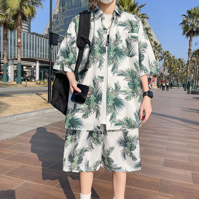Pantaloni da spiaggia da uomo Sanya Travel And Leisure, pantaloncini ad asciugatura rapida in seta ghiacciata, camicia a fiori Seaside Vacation, completo Hawaii_voghion.com