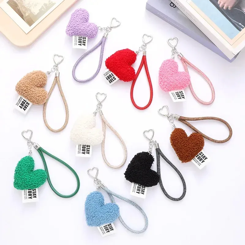 Telefondeksel nøkkelring hjerte plysj nøkkelring fargerik lanyard bag nøkkelring tilbehør mote håndleddsstropp anti-tapt anheng nøkkelring_voghion.com