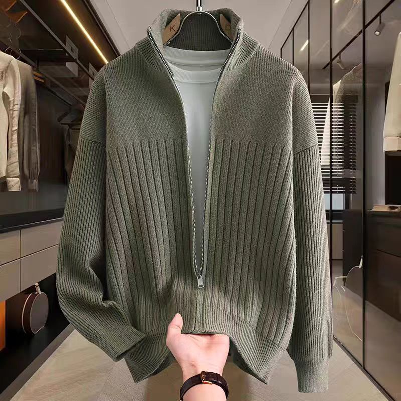 Men's Knit Cardigan Sweater With Stand Collar & Zipper - Solid & Striped Casual Pullover For Autumn & Winter_voghion.com