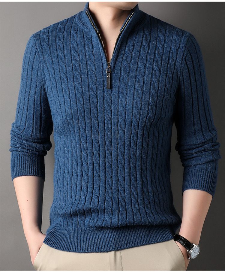 Herren-Strickpullover mit halbem Reißverschluss und Wollmischung, Winterpullover für lässigen & eleganten Style (Grau, M)_voghion.com