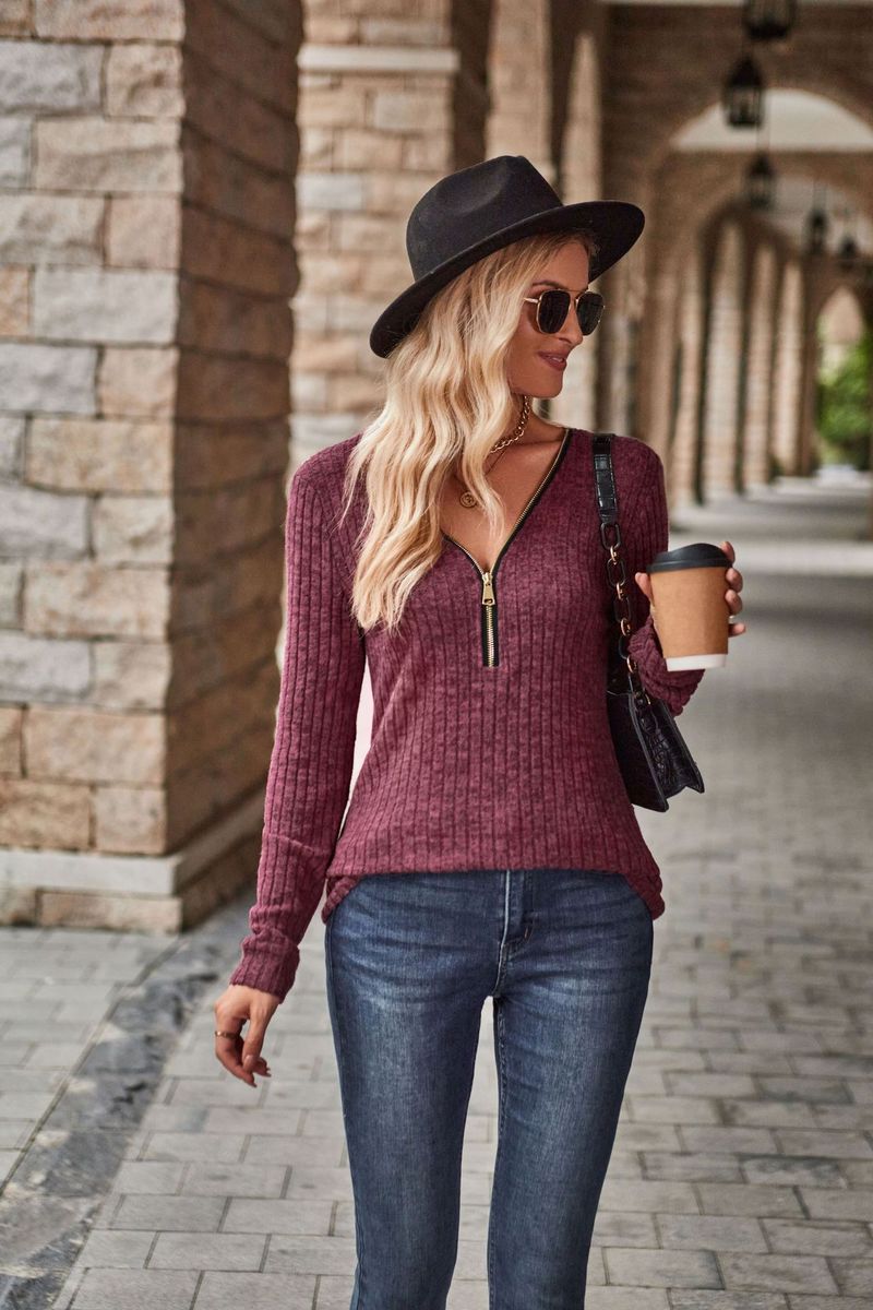 Cămașă casual cu mânecă lungă, cu dungi și decolteu în V, culoare uni, model cu imprimeu de pe piept_voghion.com