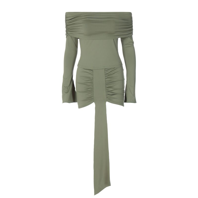 Women's clothing 2024 spring new product fashionable and sexy solid color pleated one shoulder long sleeved set women's_voghion.com