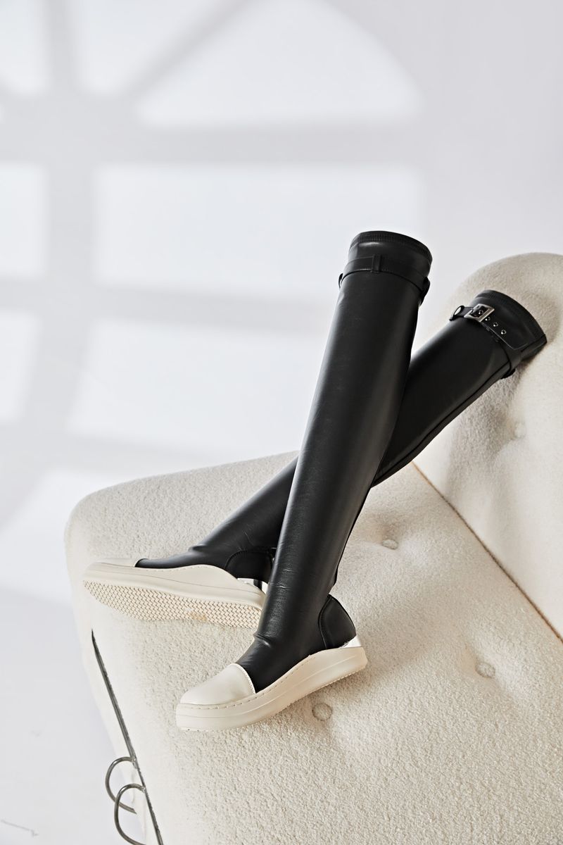 Thigh-high elastic boots Plus size women's slimming boots with metal fasteners_voghion.com