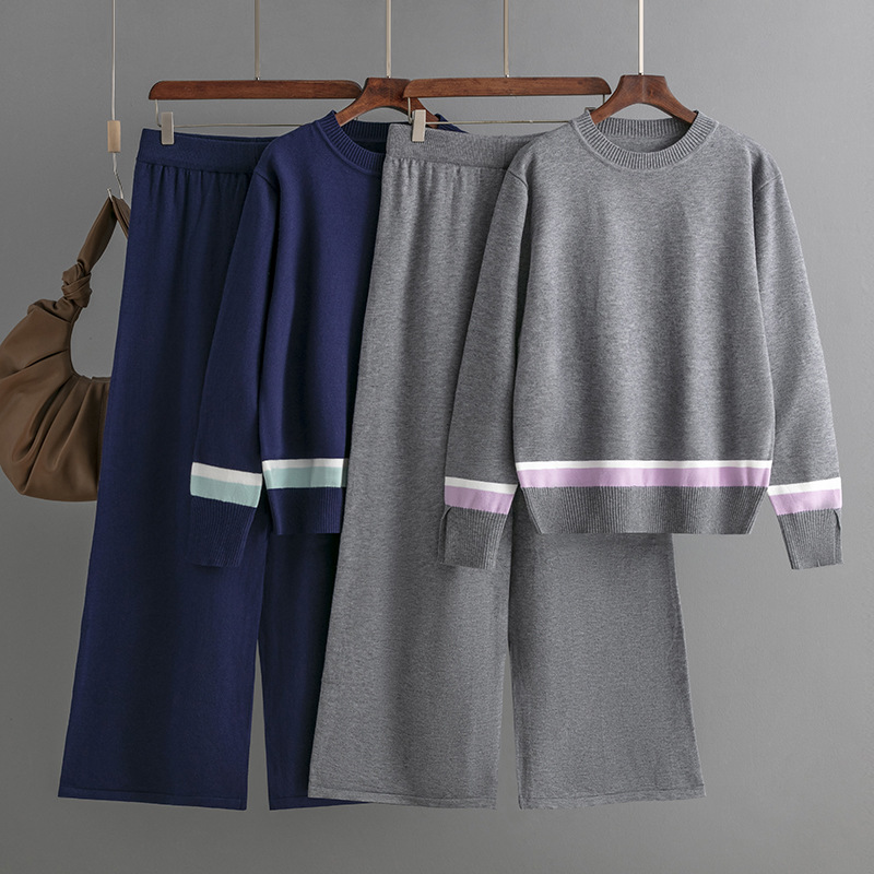 Damen-Anzug in großer Größe, modisch, lässig, Rundhalsausschnitt, lange Ärmel, Schlitz, Farbe, hohe Taille, Freizeithose_voghion.com