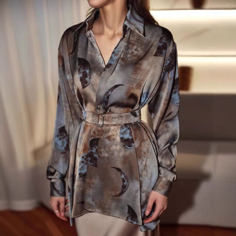 Women's Fashion New Elegant Turn-Down Collar Printed Shirt A-Line Long Skirt Two-Piece Set_voghion.com