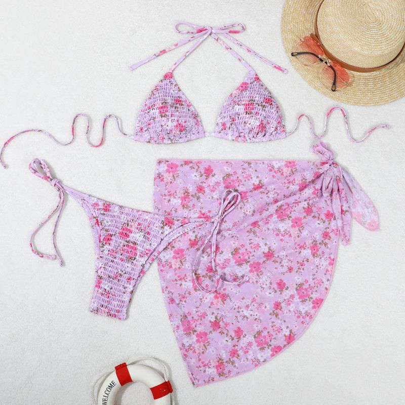 Vêtements pour femmes Jupe en gaze Fendue Bikini de Vacances Maillot de Bain Sexy Imprimé Bikini Ensemble Trois Pièces_voghion.com