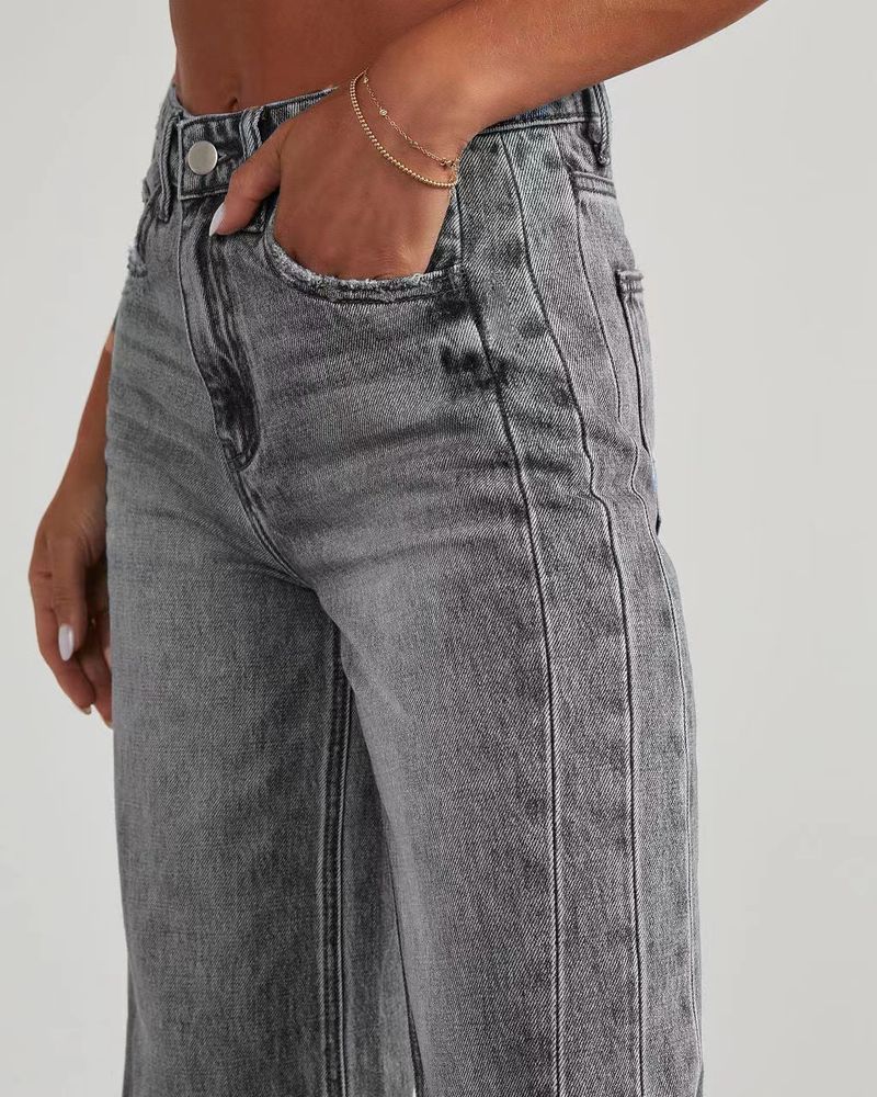 Jeans a gamba dritta e rilassati da donna - Pantaloni a gamba larga a vita alta con lavaggio classico per abbigliamento casual e da ufficio_voghion.com