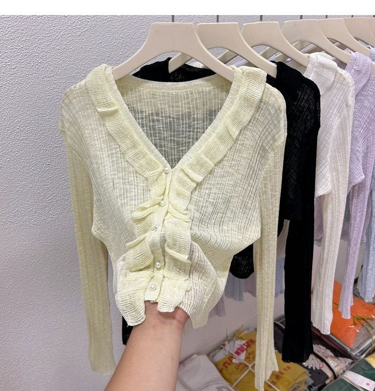 Lotus leaf edge ice silk sunscreen cardigan thin design for women's summer high-end feeling, shawl with suspender skirt,_voghion.com