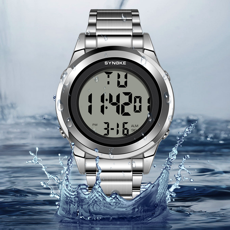 SYNOKE Neue Sportuhr für Herren mit Stahlband, wasserdicht, multifunktional, großer Bildschirm, leuchtend, trendiges Design_voghion.com