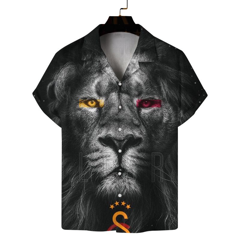 Abbigliamento da uomo Camicia casual da uomo con colletto Cuba a maniche corte con stampa 3D Lion_voghion.com
