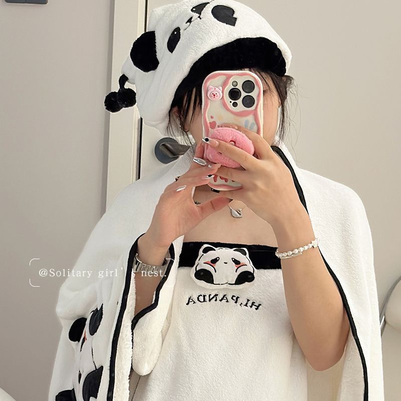 Panda Quick-Dry Hair Towel Three-Piece Set New Coral Fleece Shower Cap Bath Skirt Bathrobe Wearable Wrapable Adult_voghion.com