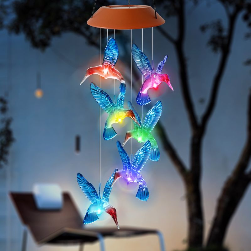 Nuovo campanello eolico solare da esterno con luce LED colorata sfumata a forma di colibrì, conchiglia rossa e uccello blu_voghion.com